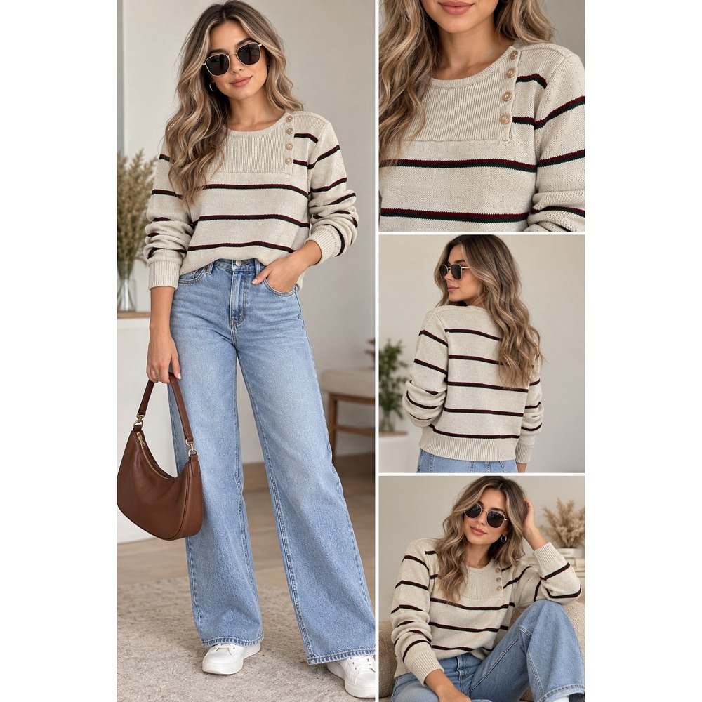 Vintage Pronto Women Medium Cream Striped Button Neck Knit Sweater Red Green